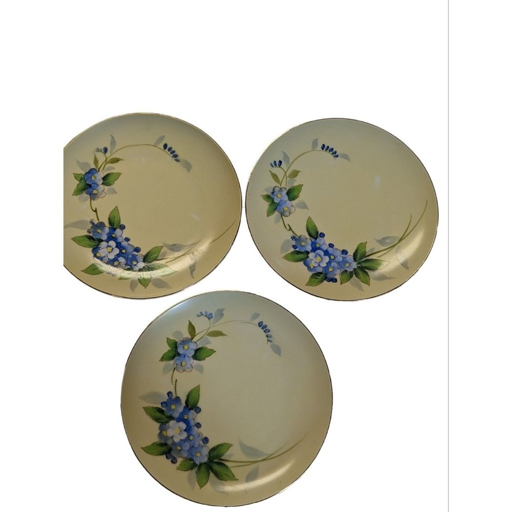 Yellow Plate Handpainted Blue Flowers Gold Trim Vintage Meito China